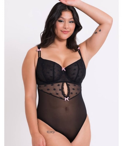 Curvy Kate Frill Me Balcony Bodysuit - Black/Pink Bodysuits & Basques