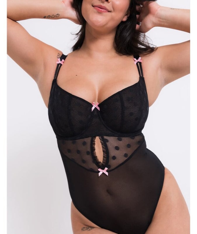 Curvy Kate Frill Me Balcony Bodysuit - Black/Pink Bodysuits & Basques