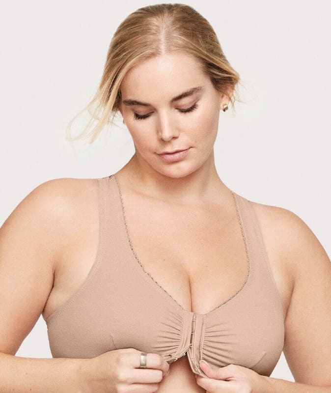 Glamorise Front-Closure Cotton T-Back Wire-Free Comfort Bra - Cafe Bras