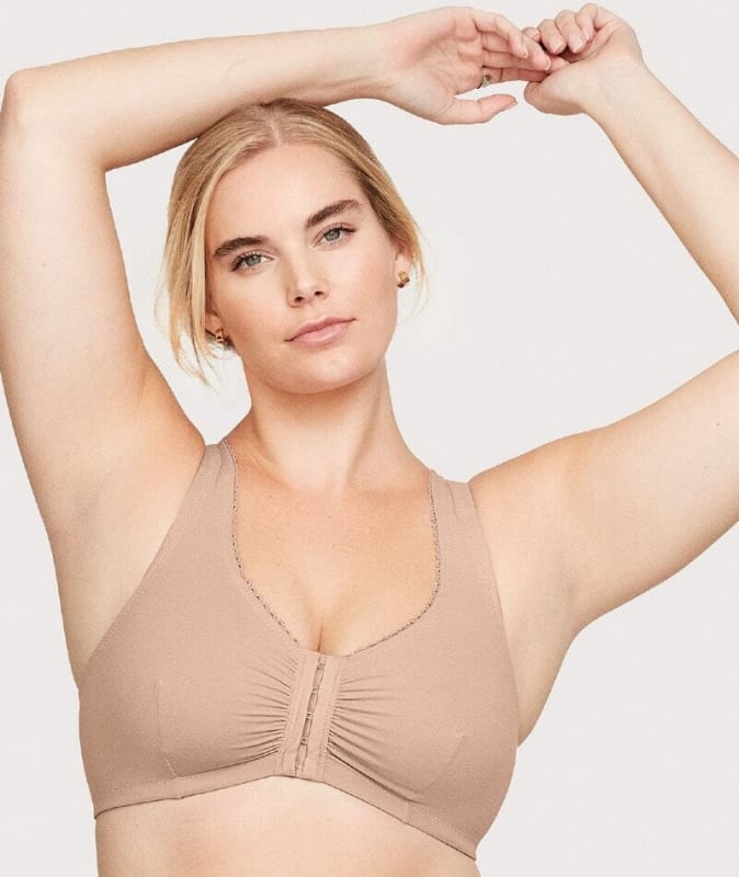 Glamorise Front-Closure Cotton T-Back Wire-Free Comfort Bra - Cafe Bras