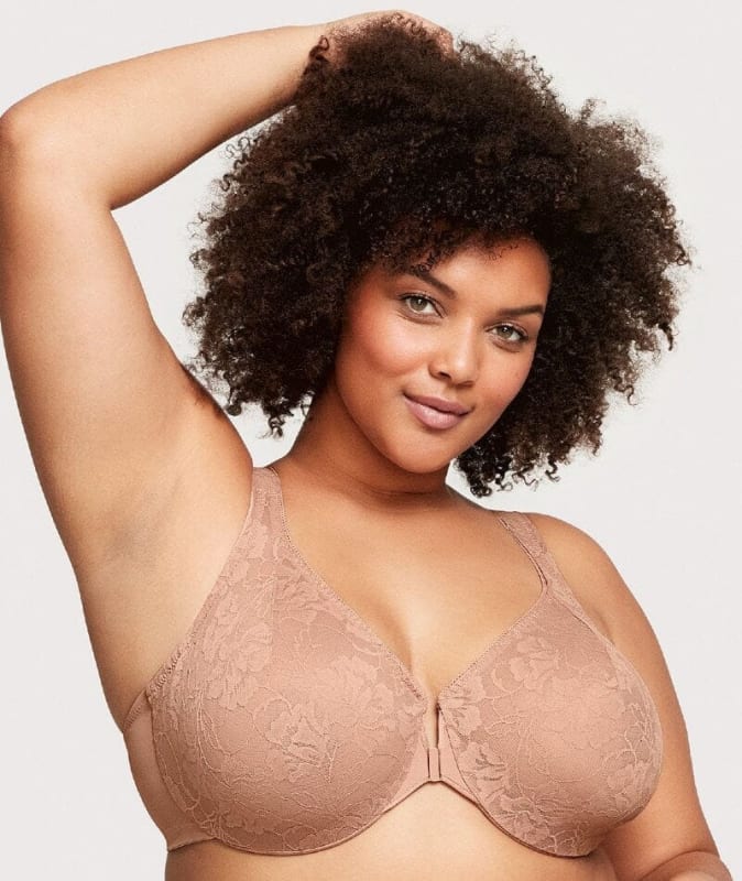 Glamorise Lacey T-Back Front-Closure WonderWire Bra - Cappuccino Bras