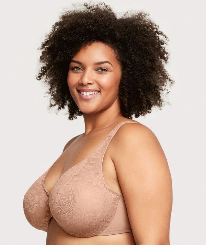 Glamorise Lacey T-Back Front-Closure WonderWire Bra - Cappuccino Bras