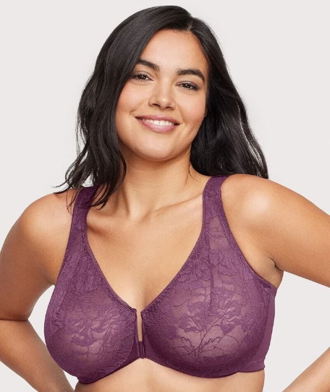 Glamorise Lacey T-Back Front-Closure WonderWire Bra - Plum Bras