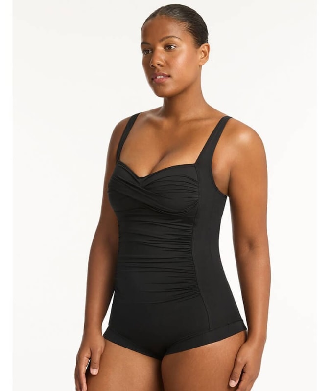 Sea Level Eco Essentials Twist Front A-DD Cup Boyleg One Piece Swimsuit - Black Swim 
