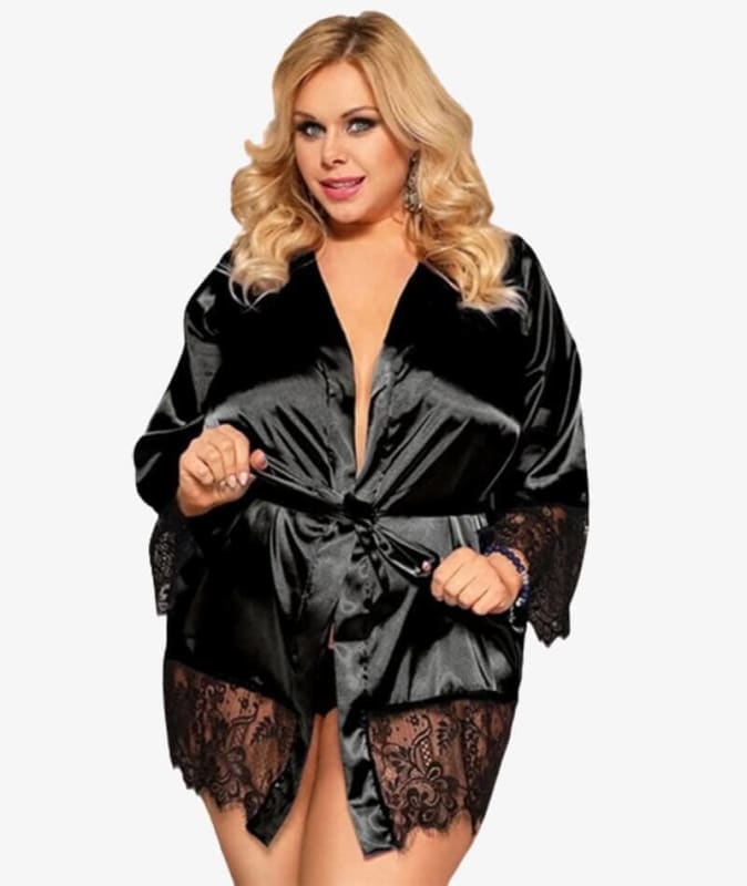 Curvy Elegant Silk Eyelash Lace Long Sleeve Short Robe Sleepwear with Thong - Black Babydoll / Chemise