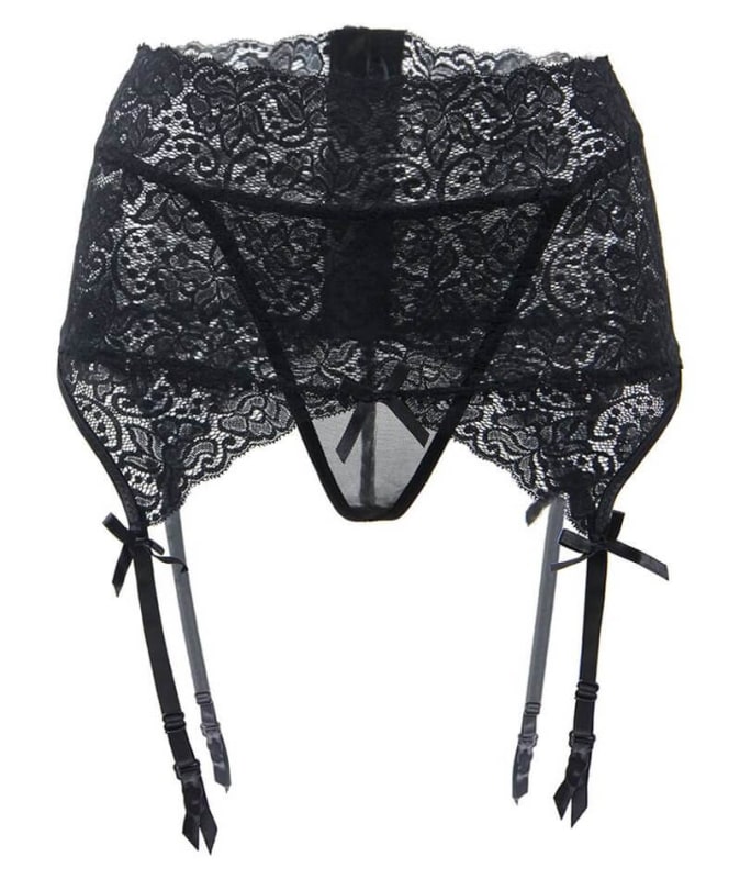 Curvy Wide Lace Garter with G-String - Black Babydoll / Chemise