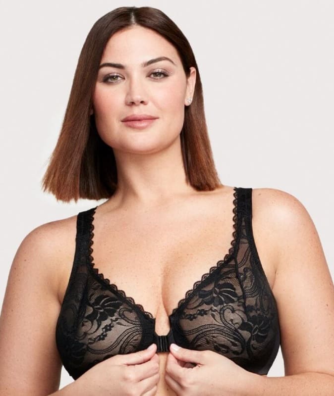 Glamorise WonderWire Front-Closure Stretch Lace Bra - Black Bras 