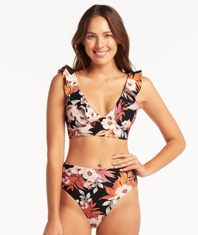 Sea Level Escape Bonded Frill Bikini Top - Black Swim